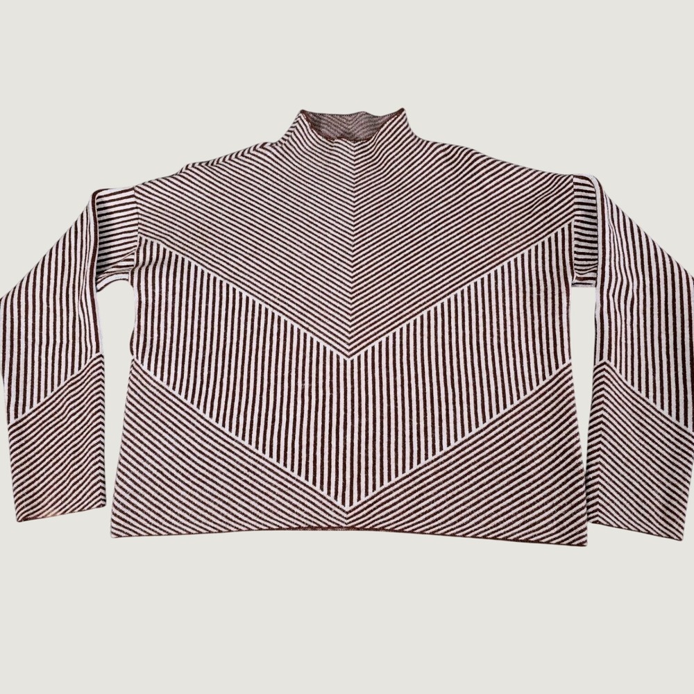 Cynthia Rowley Brown Cream Striped Mock Neck Knit Sweater XL Womens Boxy Chevron